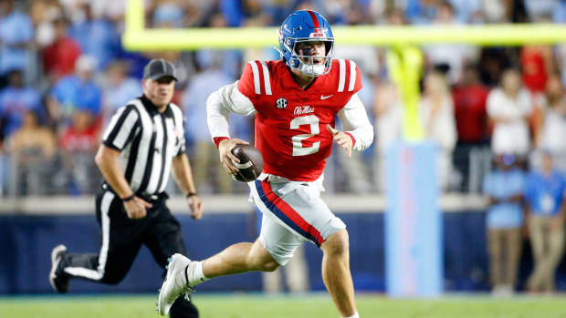 Oct 28, 2023; Oxford, Mississippi, USA; Mississippi Rebels quarterback Jaxson Dart (2) runs the ball during the first half against the Vanderbilt Commodores at Vaught-Hemingway Stadium. Mandatory Credit: Petre Thomas-USA TODAY Sports